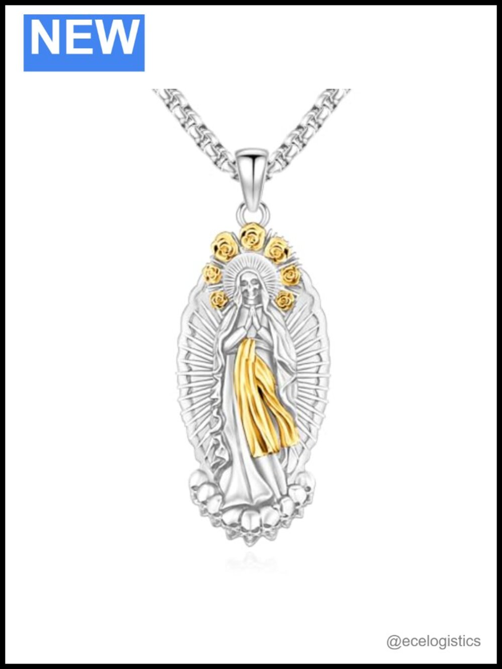 925 Sterling Silver 14k Gold Plated Santa Muerte Pendant Necklace